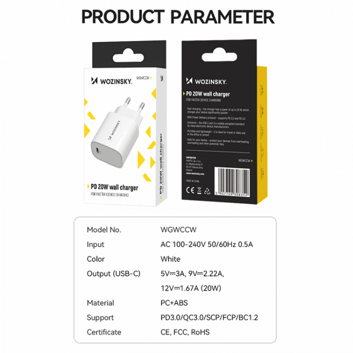 Wozinsky - Snabb Vggladdare 20W USB-C - Vit