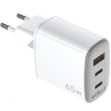 Celly - Celly Snabbladdare GaN 1 x USB-A + 2 x USB-C PD 65W - Vit