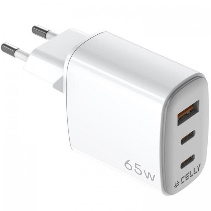 Celly - Celly Snabbladdare GaN 1 x USB-A + 2 x USB-C PD 65W - Vit