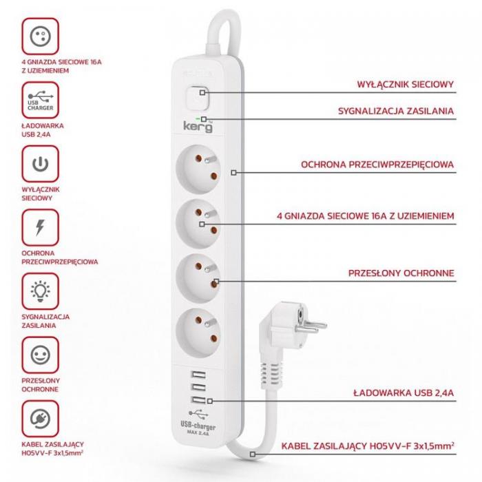 OEM - Power strip 4 uttag + 3xUSB A 5m H05VV-F 16A/250V~M02415