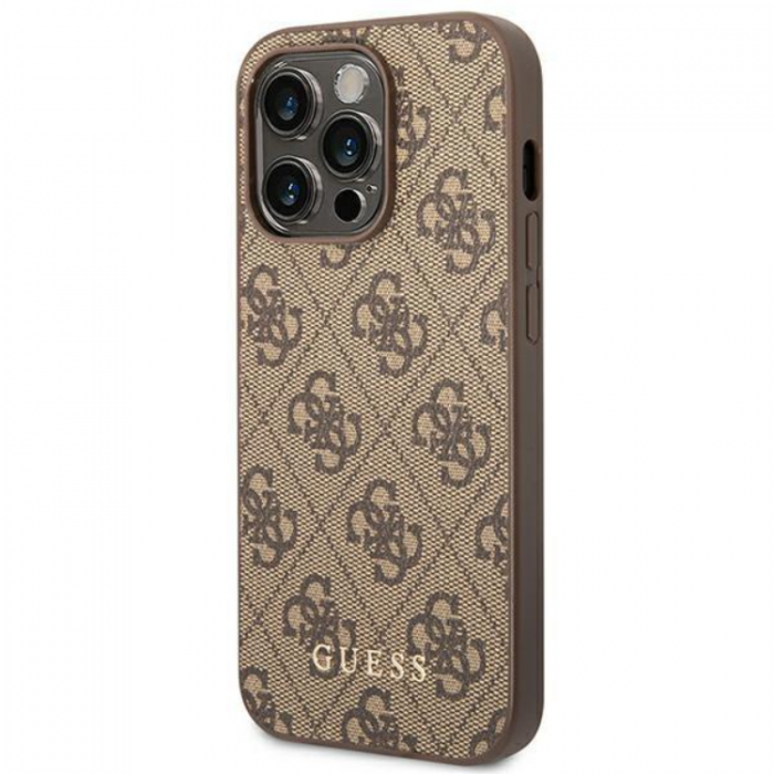 Guess - GUESS iPhone 14 Pro Skal Saffiano Metall Gold Logo - Brun