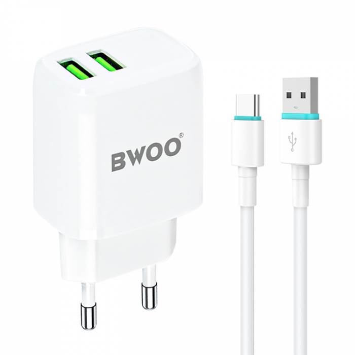 BWOO - BWOO Vggladdare 2xUSB-A + USB-C Kabel 1m - Vit