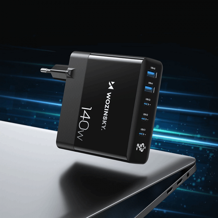 Wozinsky - Wozinsky Vggladdare 140W GaN 3 x USB-C/2 x USB-A - Svart