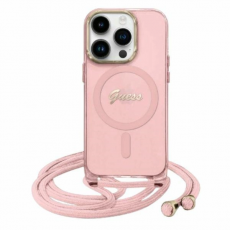 Guess - Guess iPhone 16 Mobilskal MagSafe Crossbody Cord Script - Rosa