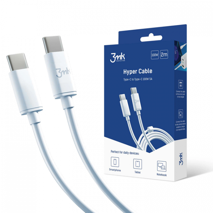 3MK - 3mK Hyper USB-C till USB-C kabel 100W 2m - Vit