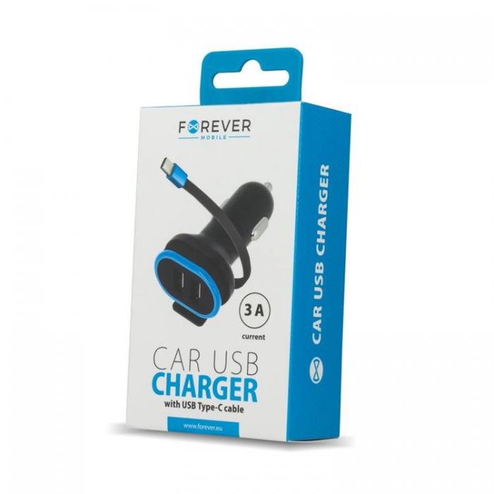 Forever - Forever Billaddare 2x USB 3A med USB-C Kabel 0,2m CC-02