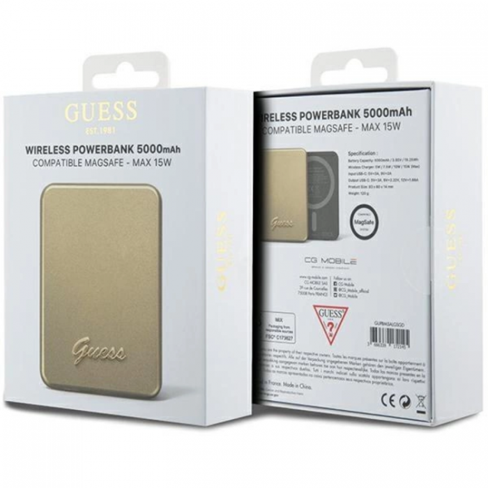 Guess - Guess Magsafe Powerbank 5000mAh 15W Metal Script Logo - Guld