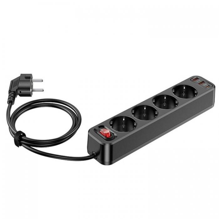 Hoco - Hoco Grenuttag Frlngningskabel 2xUSB-A 1xUSB-C PD QC3.0 3A 20W - Svart