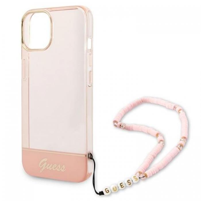 Guess - GUESS iPhone 14 Plus Skal Translucent Pearl Strap - Rosa