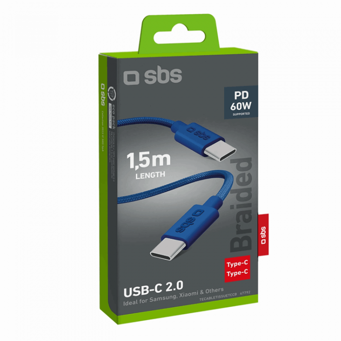 SBS - SBS USB-C - USB-C Kabel 1.5m 60W Braided - Bl