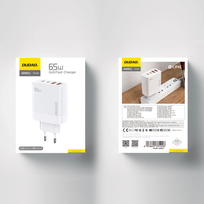 Dudao - Dudao Väggladdare A65EU GaN 2xUSB-A/2xUSB-C PD 65W - Vit