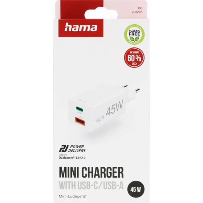 Hama - Hama Snabbladdare 45W 1xUSB-C 1xUSB-A GaN - Vit