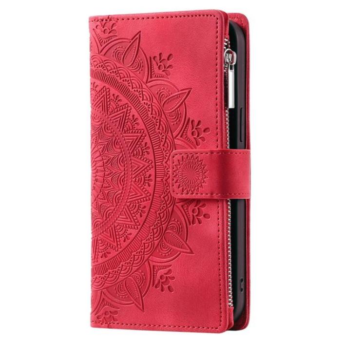 OEM - iPhone 15 Plus Plånboksfodral Mandala Flower Imprinted - Röd