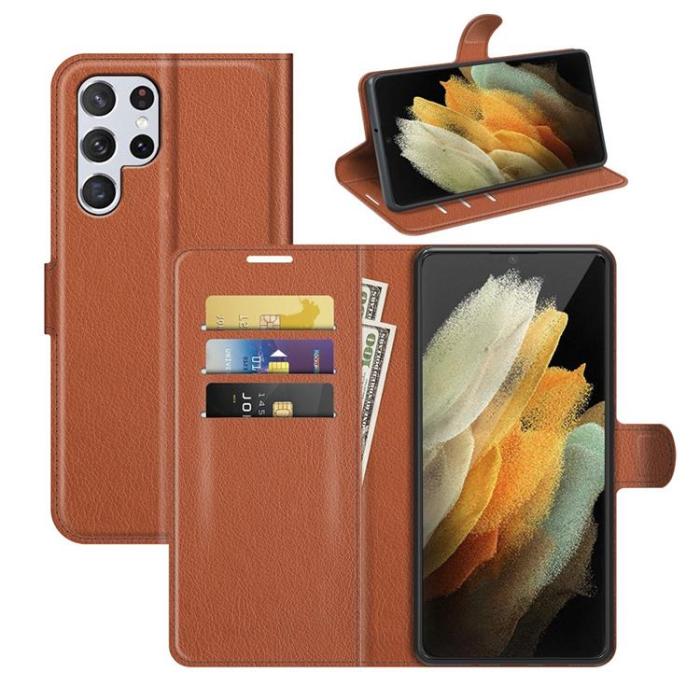 A-One Brand - Litchi Magnetic Fodral Galaxy S22 Ultra 5G - Brun