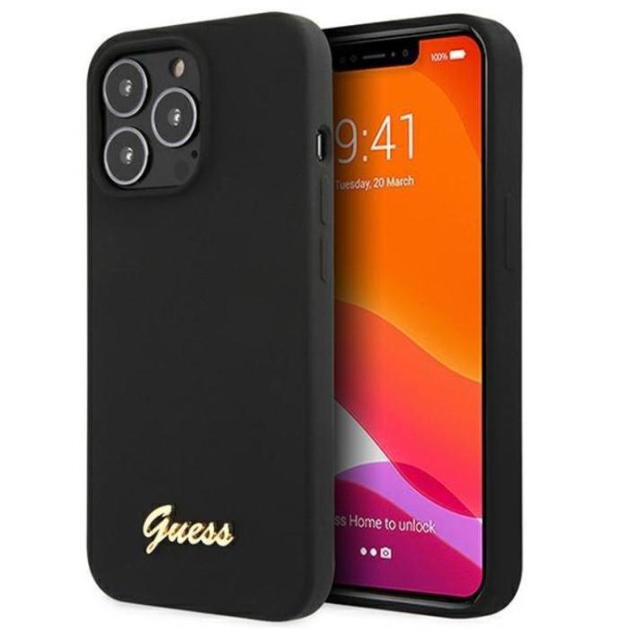 Guess - Guess iPhone 13 Pro Max Skal Magsafe Silicone Script Guld Logo - Svart