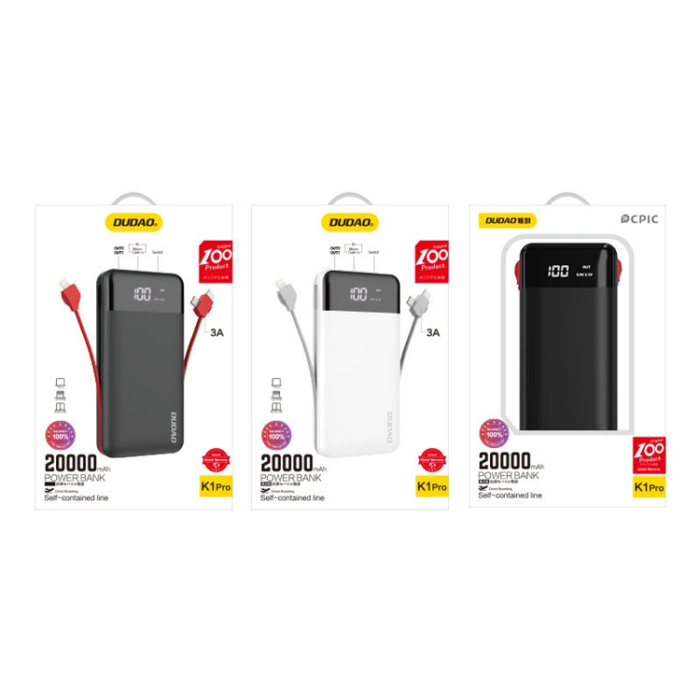 Dudao - Dudao Powerbank K1Pro 20000mAh med inbyggda Kablar - Svart