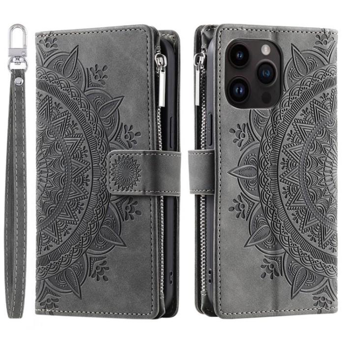 A-One Brand - iPhone 15 Pro Max Plånboksfodral Mandala Flower Imprinted - Grå
