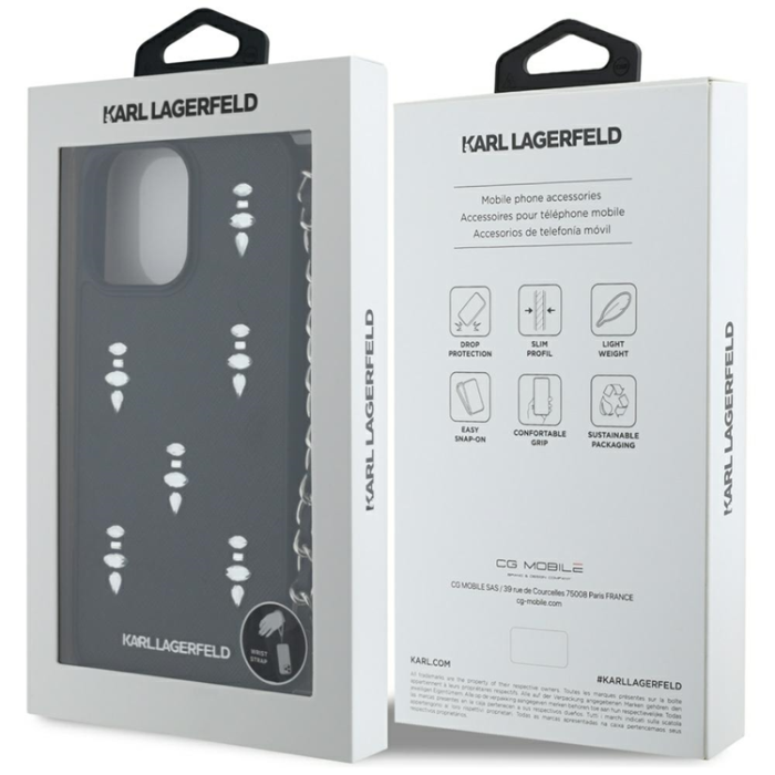 KARL LAGERFELD - Karl Lagerfeld iPhone 16 Pro Mobilskal Saffiano Crystals Strap - Svart