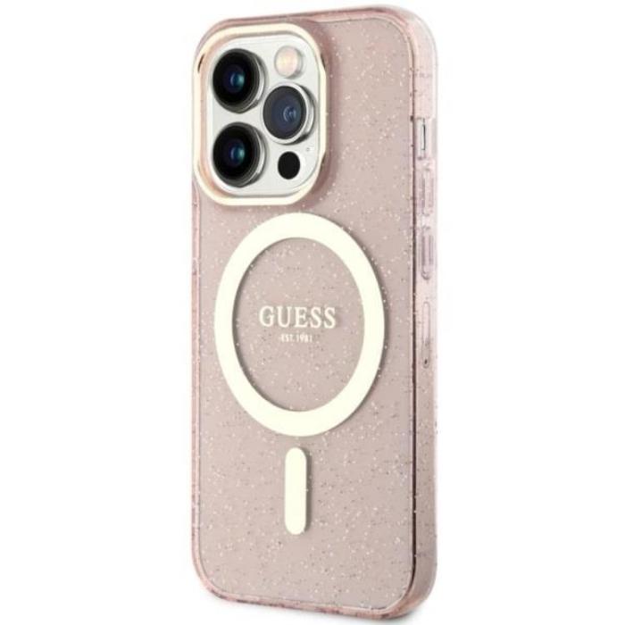 Guess - Guess iPhone 14 Pro Max Mobilskal MagSafe Glitter Guld - Rosa