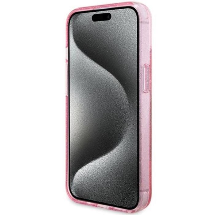 Guess - Guess iPhone 15 Mobilskal Magsafe Ringställ Script Glitter - Rosa