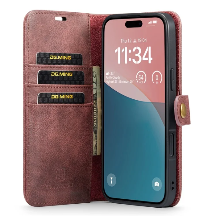 DG.MING - DG.MING iPhone 16 Plus Plånboksfodral Split Läder - Röd