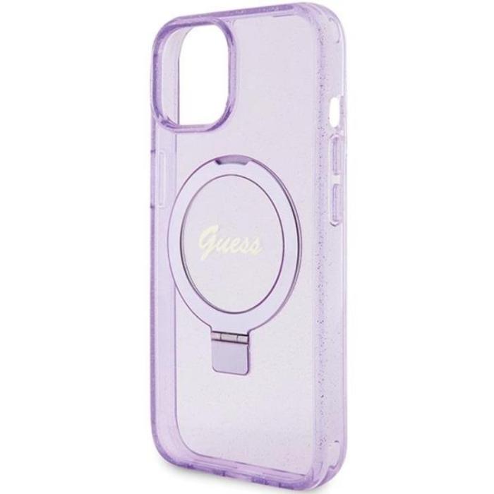 Guess - Guess iPhone 15 Mobilskal Magsafe Ringställ Script Glitter - Lila