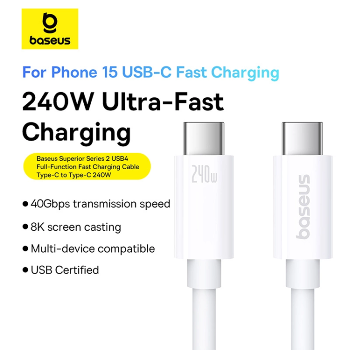 BASEUS - Baseus USB-C till USB-C kabel 240W PD 8K 60Hz 1m - Vit