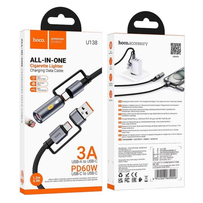 Hoco - Hoco USB-A/USB-C Till USB-C, Cigarettändare 60W 3A Kabel 1.2m U138 - Svart