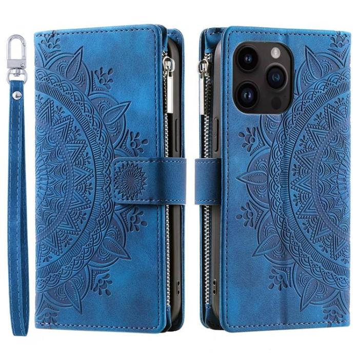 A-One Brand - iPhone 15 Pro Max Plånboksfodral Mandala Flower Imprinted - Blå
